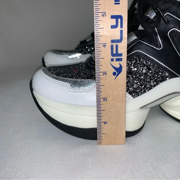 MICHAEL KORS Olympia Glitter Trainer Sneaker Women’s Black Silver 8.5M Lace Up - Picture 15 of 17